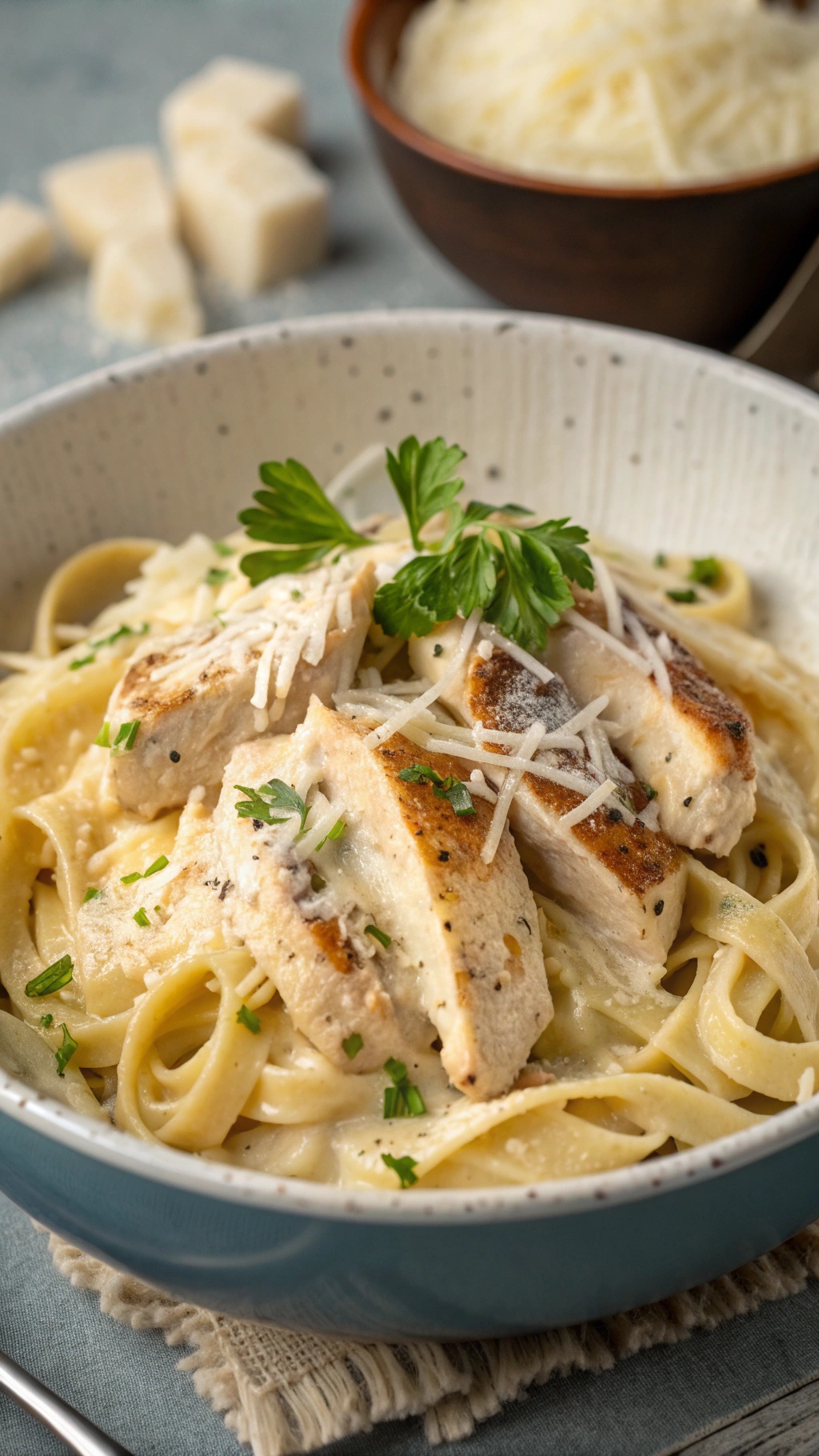 A bowl of Keto Chicken Alfredo with sliced grilled chicken on top, garnished with parsley.
