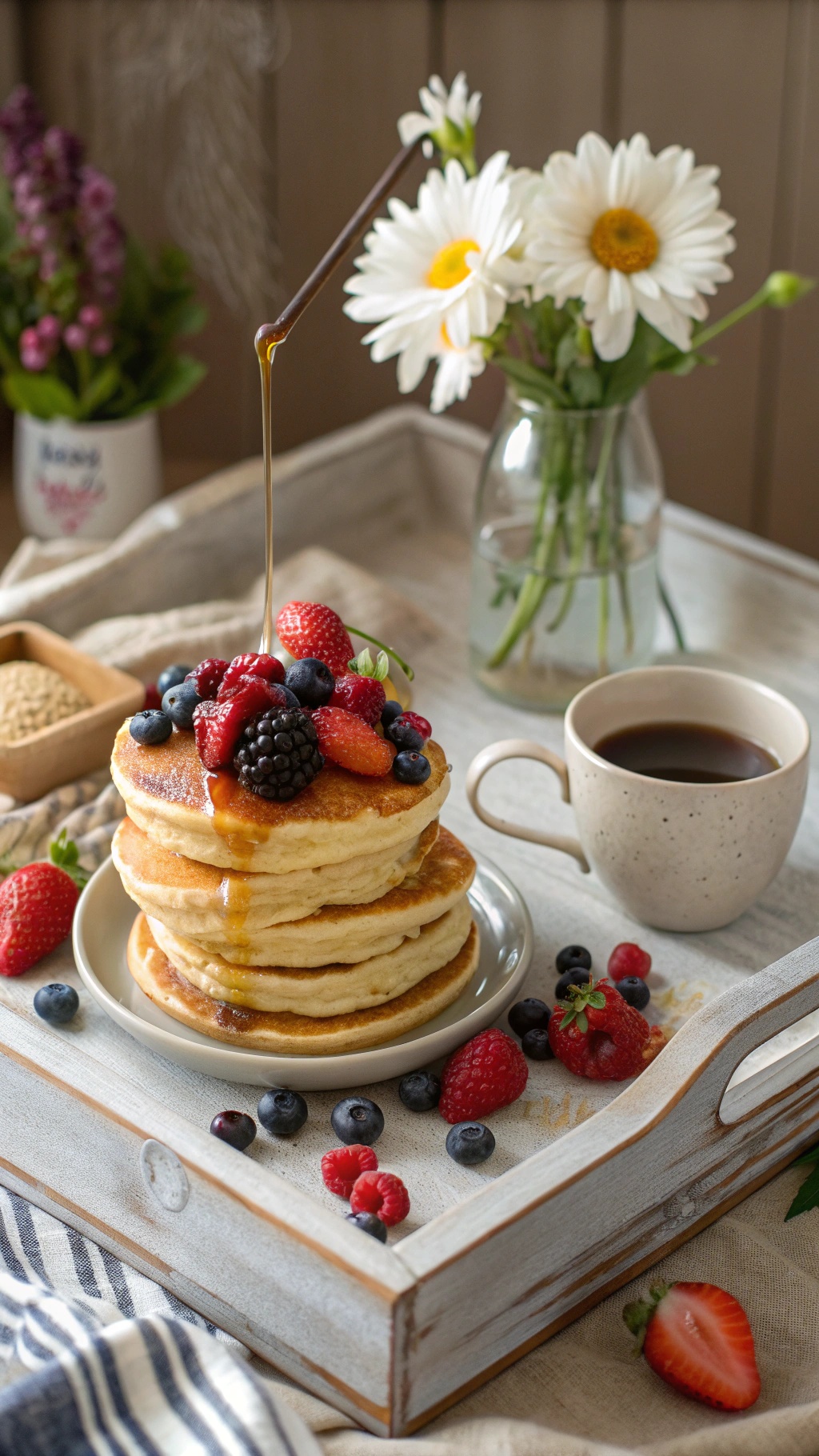 A tray with fluffy pancakes topped with fresh berries, a cup of coffee, and a vase of flowers.