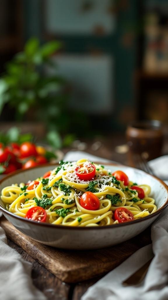 A bowl of pesto pasta topped with cherry tomatoes and grated cheese, placed on a wooden surface.