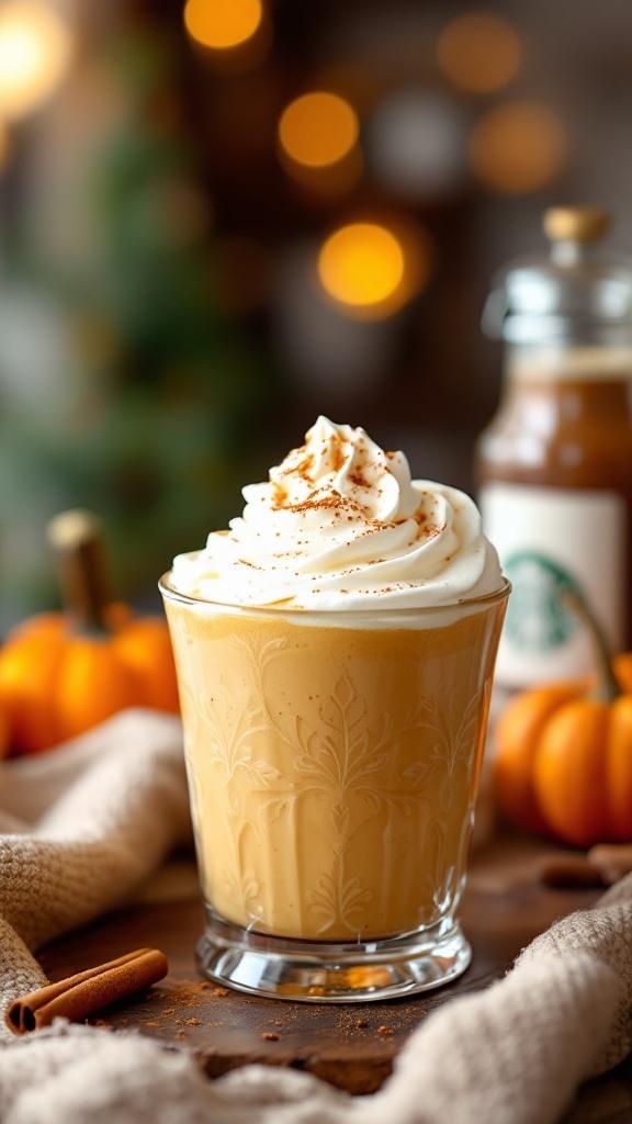 A glass of pumpkin spice latte pudding topped with whipped cream and cinnamon, surrounded by pumpkins and a cozy setting.