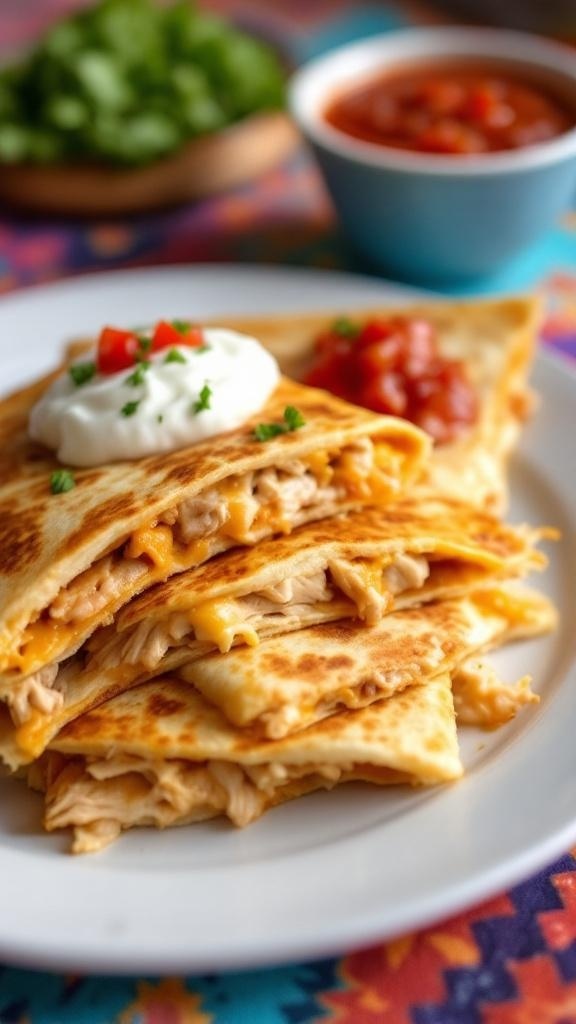 A plate of chicken and cheese quesadillas with salsa and sour cream