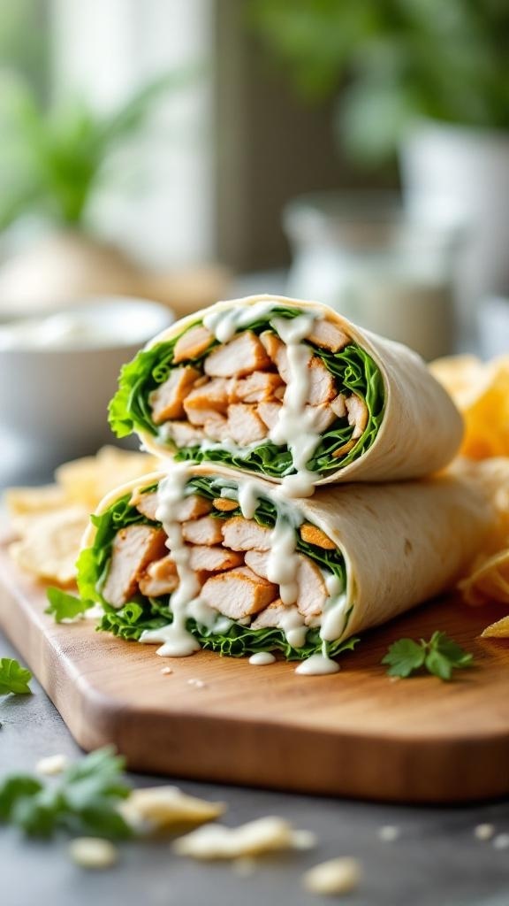 Two rotisserie chicken Caesar wraps on a wooden board, with lettuce and dressing visible.