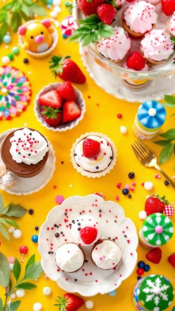 A colorful display of sweet treats including mini cupcakes, chocolate cups, and fresh strawberries on a yellow background.