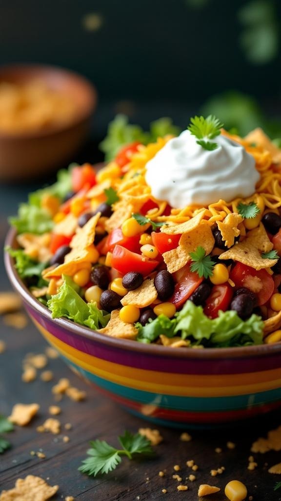 A colorful taco salad in a bowl, topped with sour cream and cilantro, surrounded by tortilla chips.