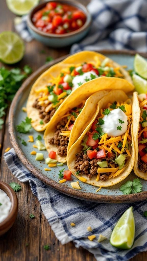 Quick and easy tacos with ground beef, topped with cheese, tomatoes, and lettuce, served on a plate with salsa and lime.