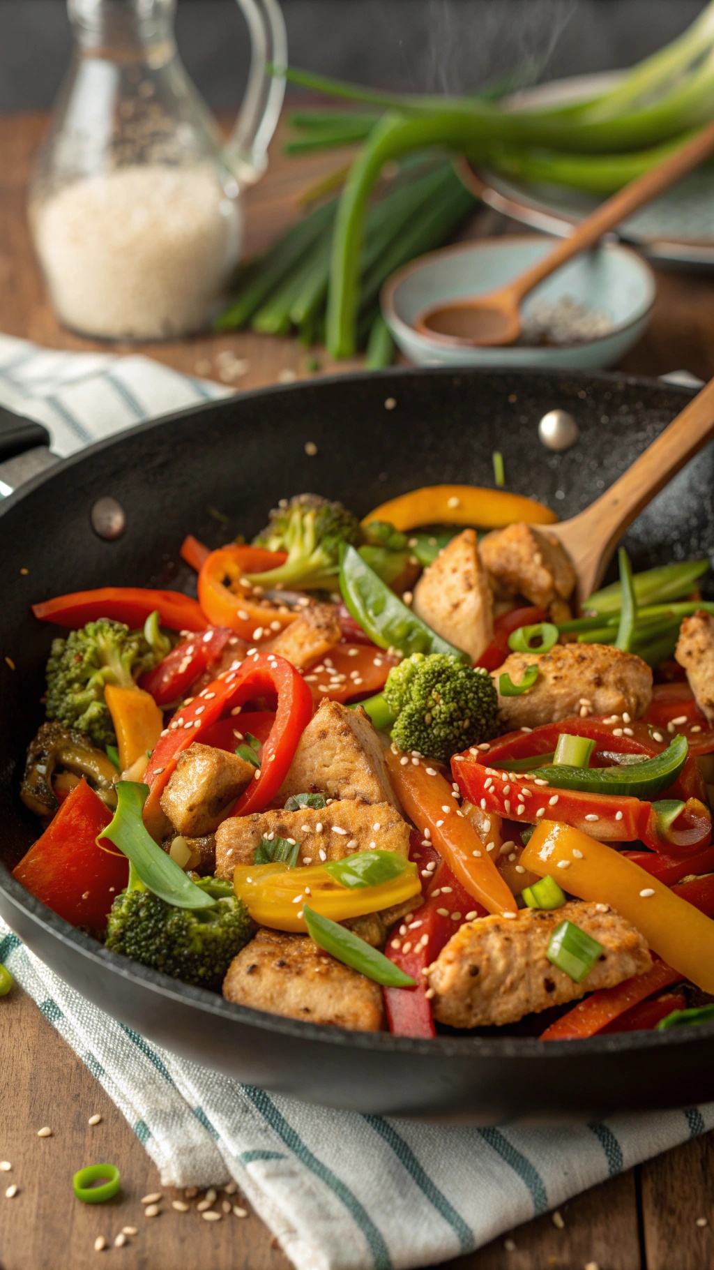 A colorful chicken stir-fry with vegetables in a black skillet.