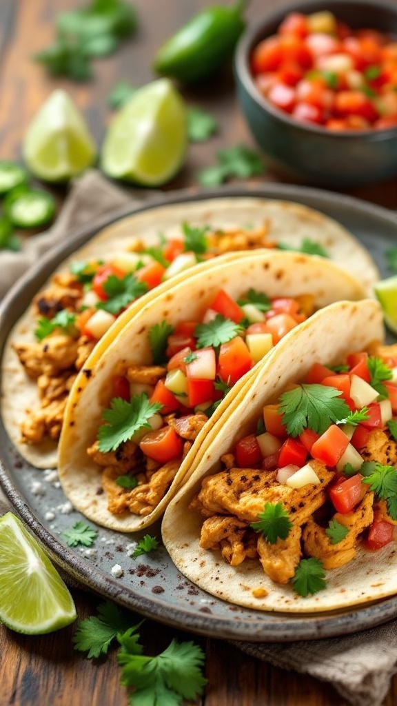 Delicious chicken tacos topped with fresh tomatoes and cilantro, served with lime wedges.