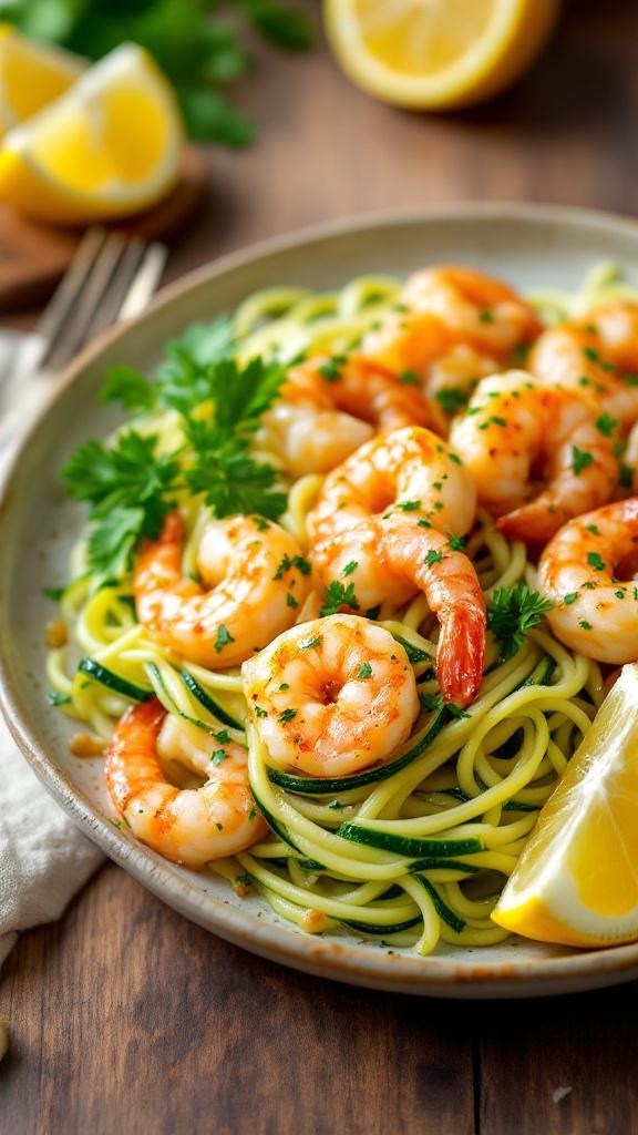 A plate of garlic butter shrimp served with zucchini noodles and lemon wedges.