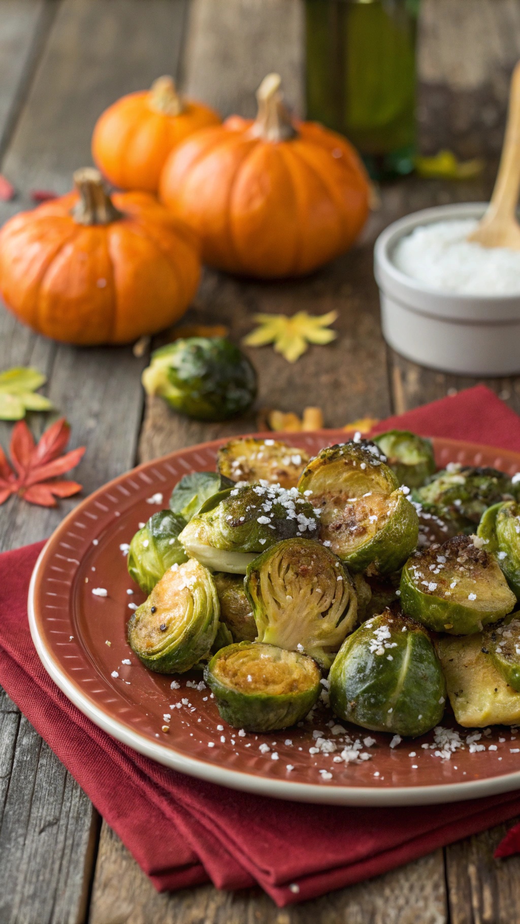 A plate of roasted Brussels sprouts with salt, surrounded by pumpkins and fall leaves.
