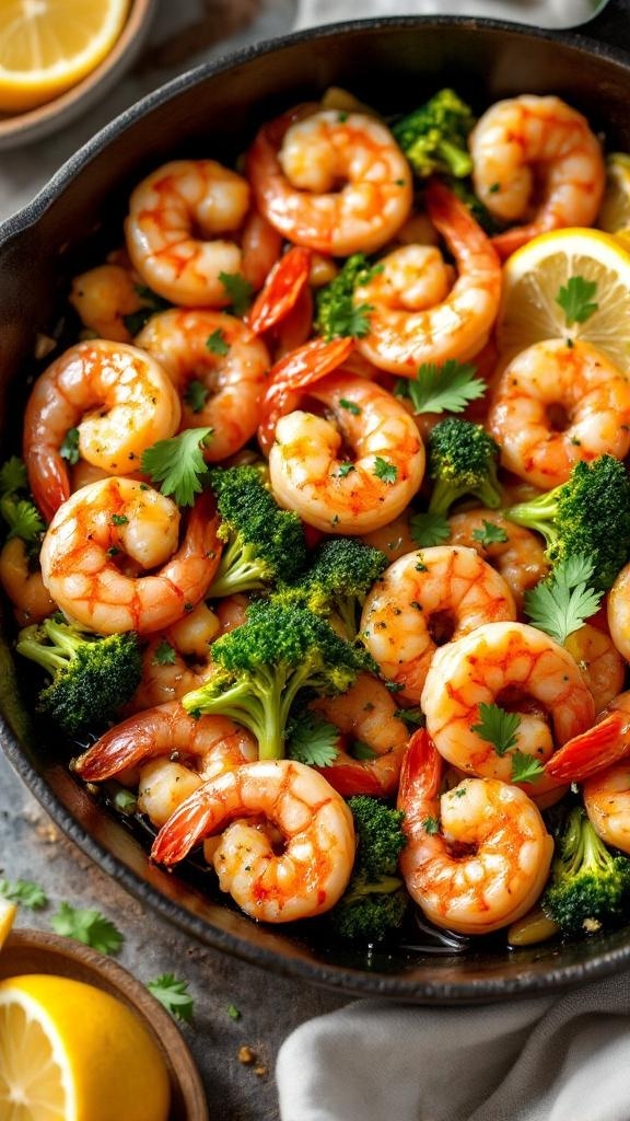 A delicious one-pan lemon garlic shrimp and broccoli dish, featuring vibrant shrimp and fresh broccoli in a skillet.
