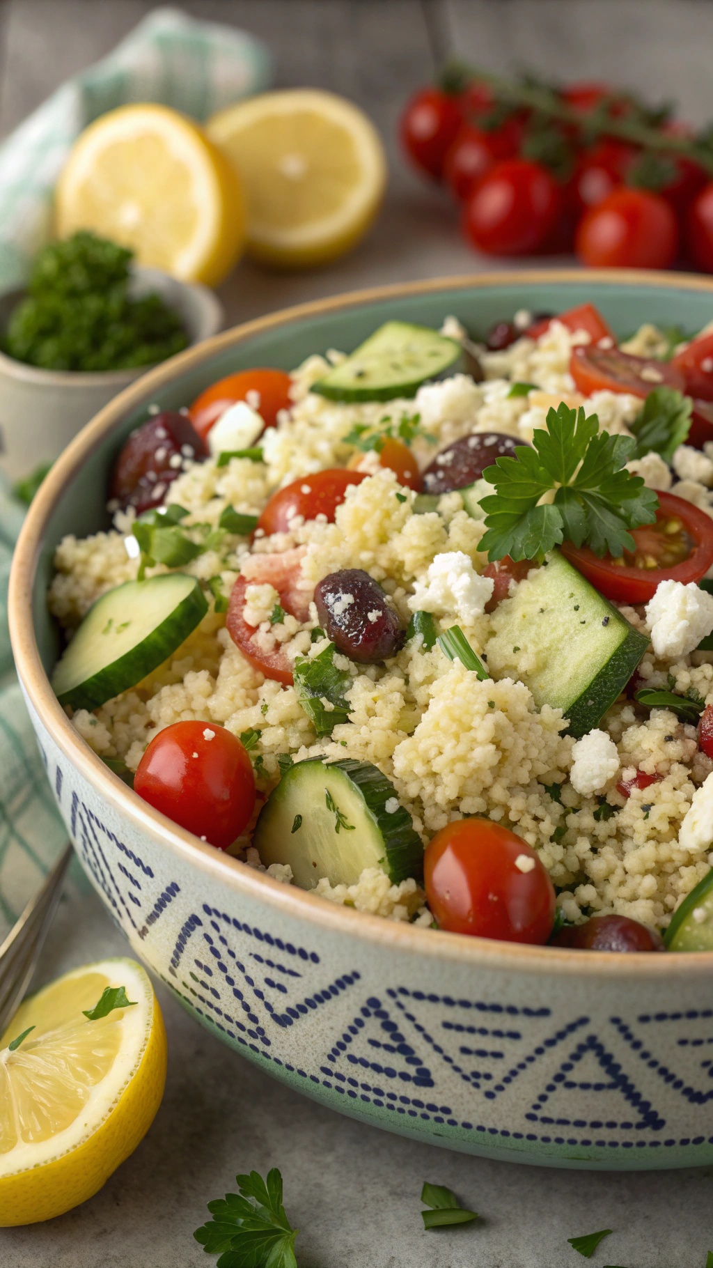 A colorful bowl of Mediterranean Couscous Salad with cherry tomatoes, cucumbers, olives, and feta cheese.