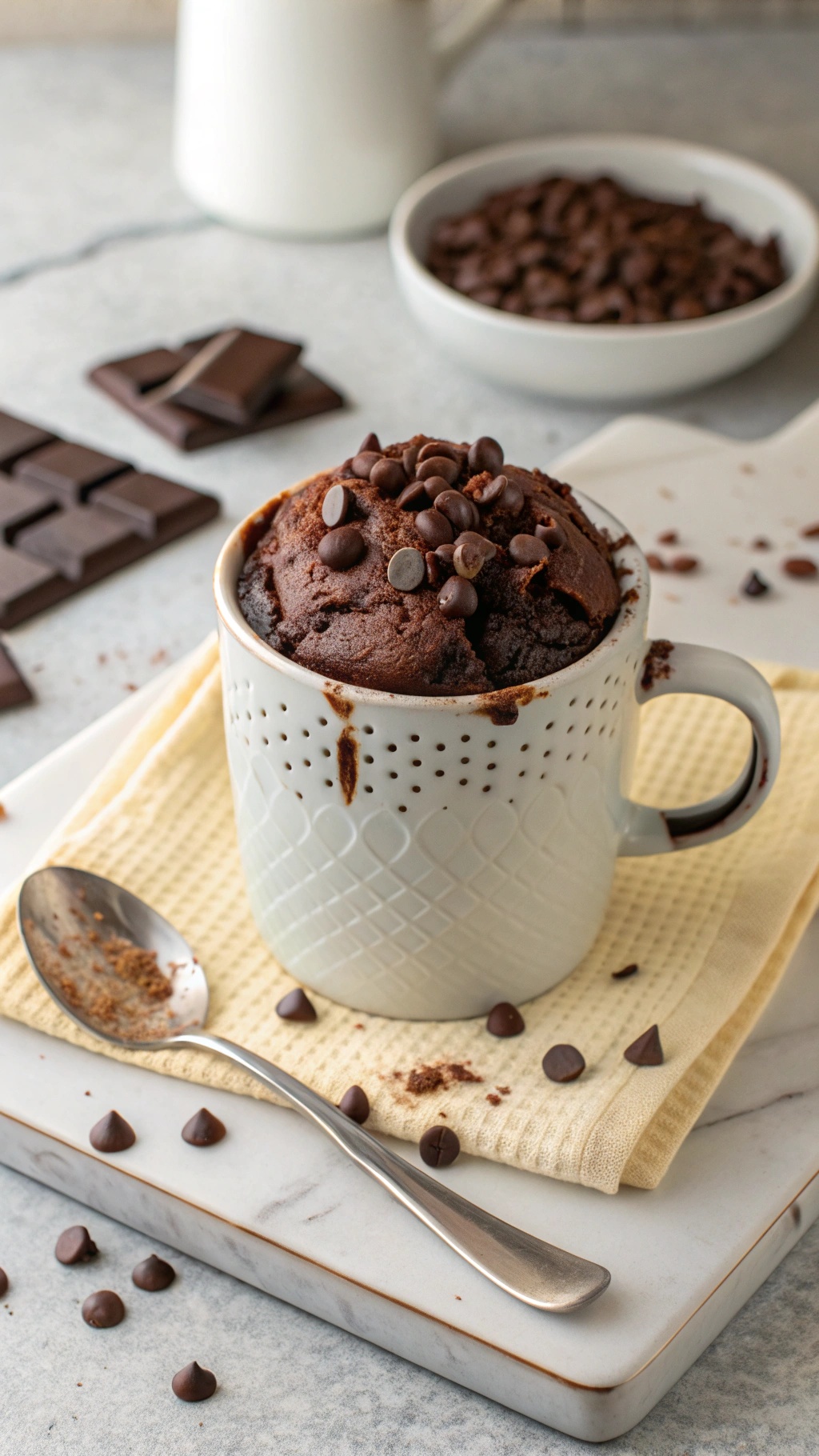 A delicious chocolate mug cake topped with chocolate chips in a white mug, surrounded by chocolate pieces and a spoon.