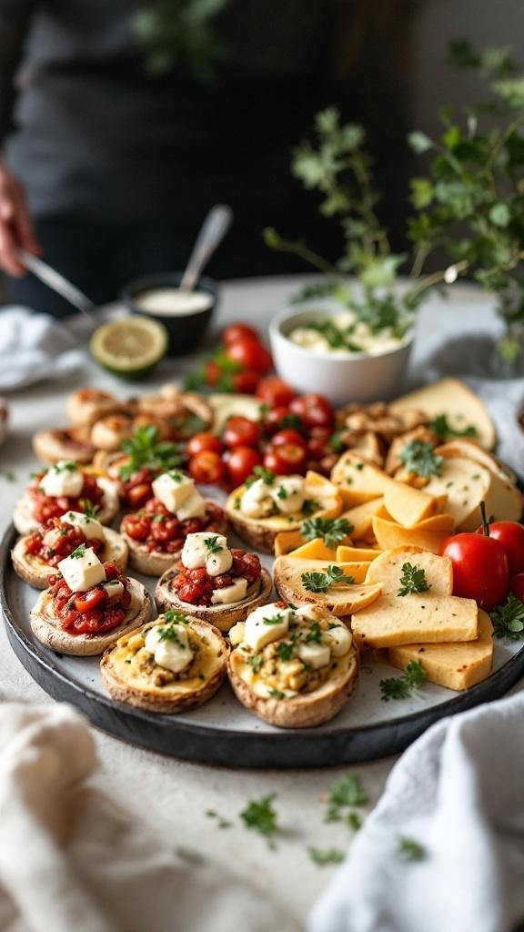 A platter of assorted appetizers including stuffed mushrooms, cherry tomatoes, and crispy snacks.