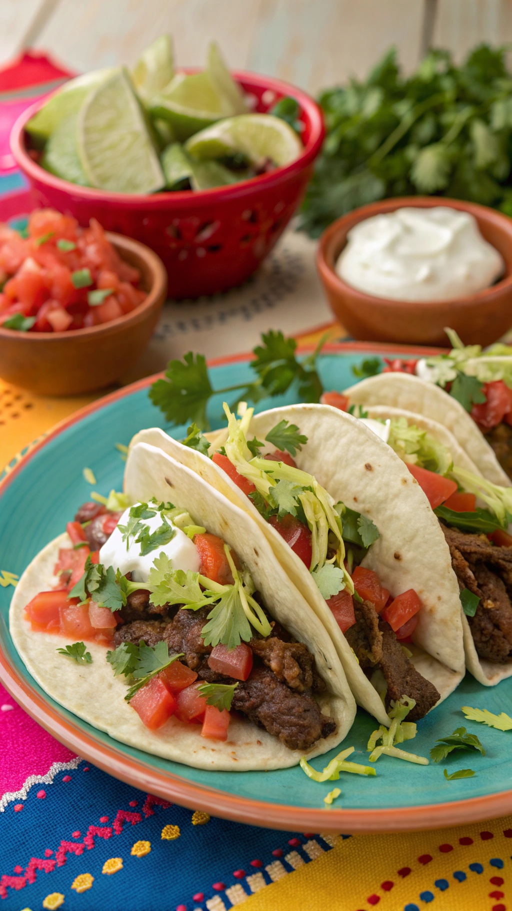 A colorful plate of beef tacos with toppings and sides