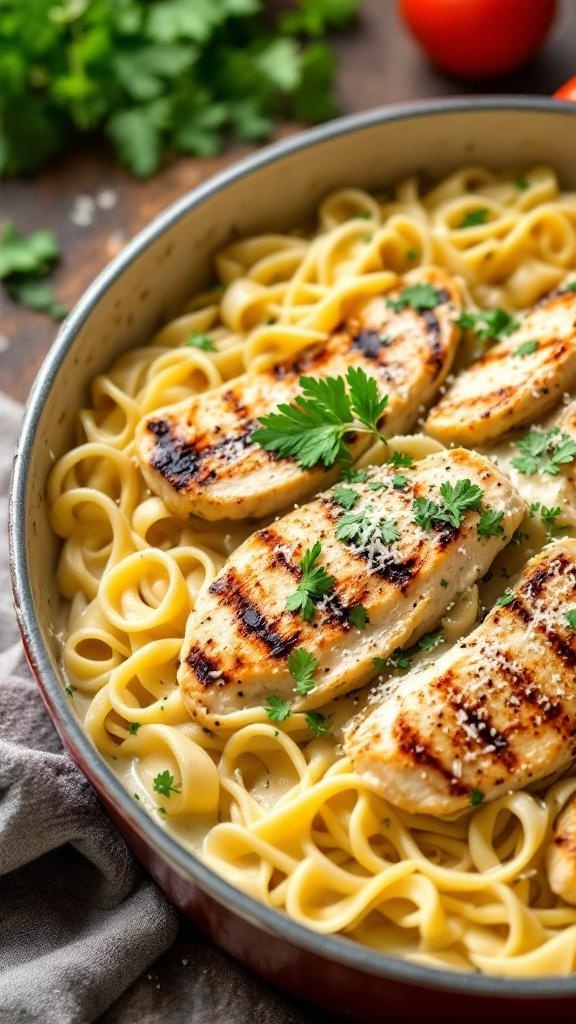 A delicious Chicken Alfredo Skillet with grilled chicken and fettuccine pasta