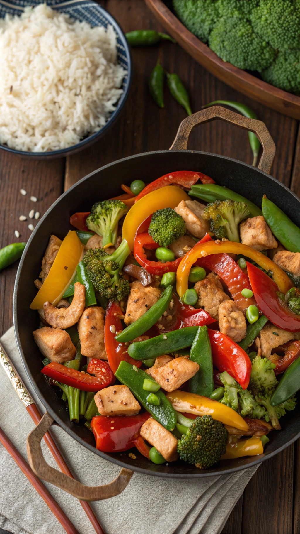A colorful chicken stir-fry with bell peppers, broccoli, and snap peas served with rice.