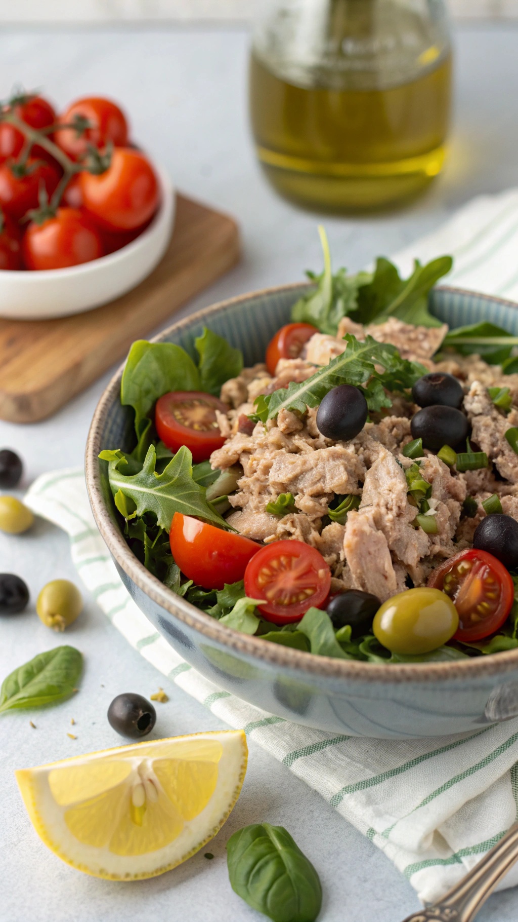 A bowl of Mediterranean Tuna Salad with greens, cherry tomatoes, and olives.
