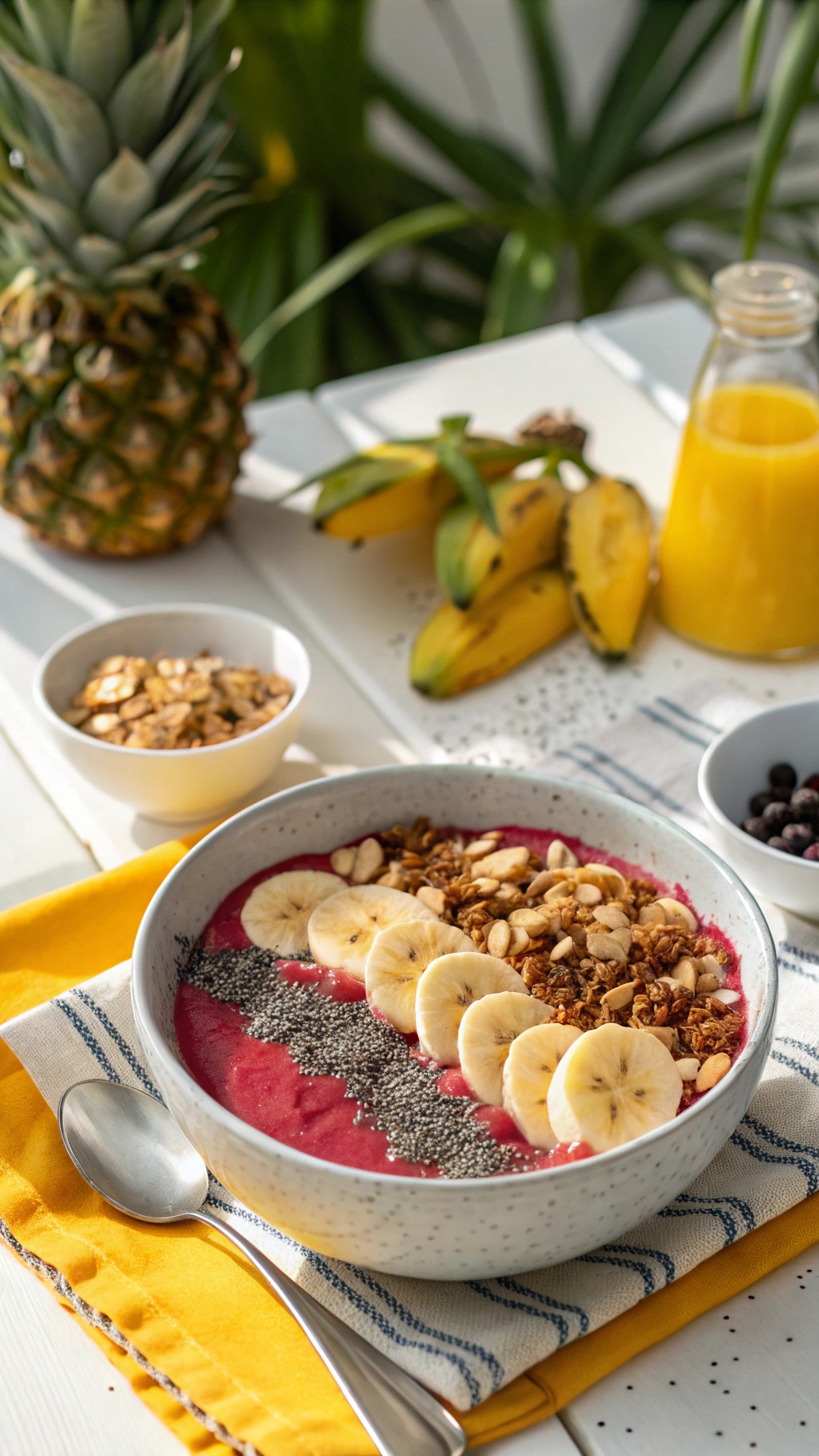 A colorful smoothie bowl topped with banana slices, granola, and chia seeds, with fresh fruits in the background.