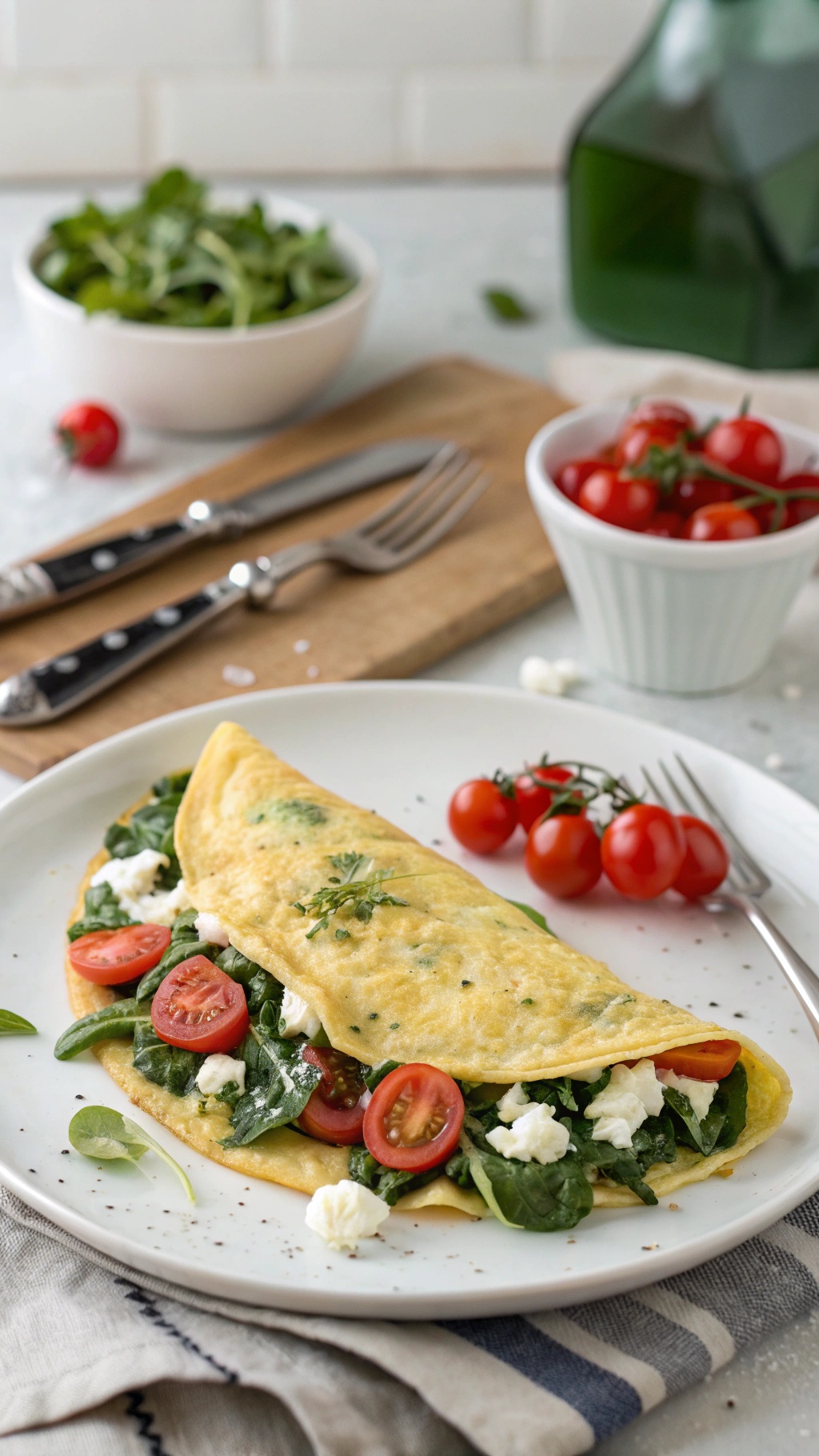 A delicious spinach and feta omelette served on a plate with cherry tomatoes and a side salad.