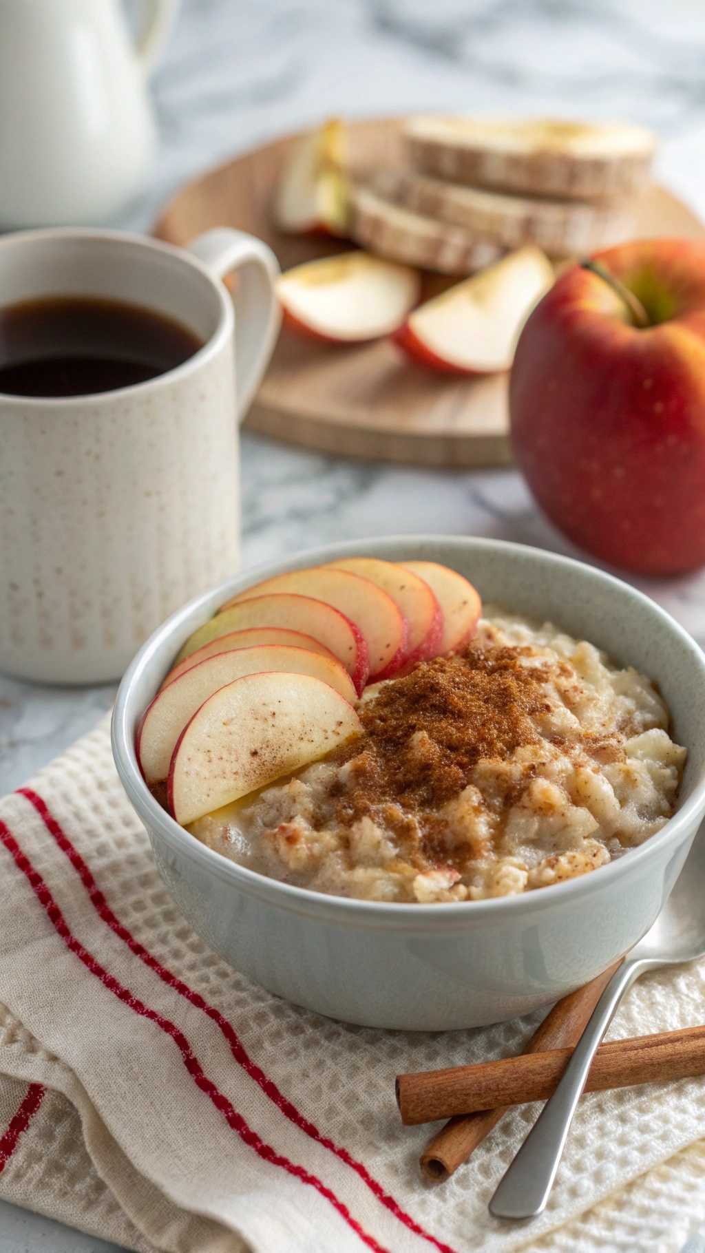 A bowl of apple cinnamon oatmeal topped with apple slices and brown sugar, with a cup of coffee and a whole apple in the background.