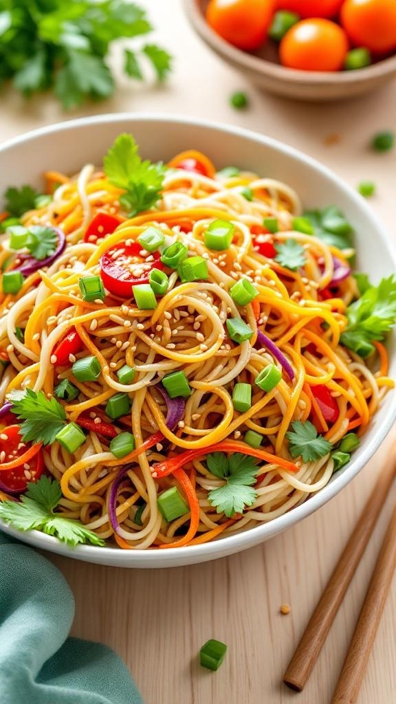 A colorful bowl of Asian noodle salad with vegetables and sesame seeds.