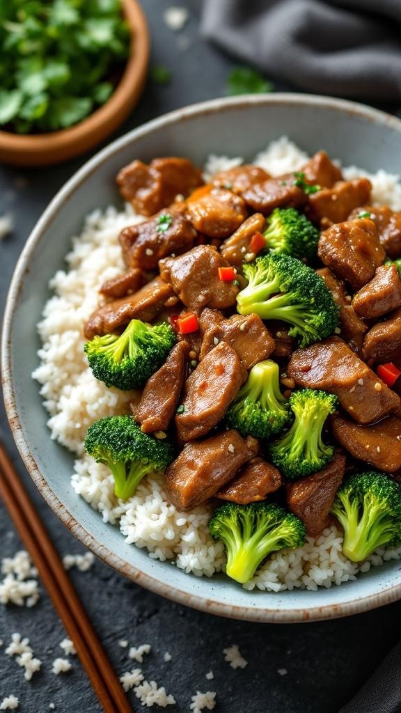 A bowl of beef and broccoli stir-fry served over rice, garnished with green herbs.