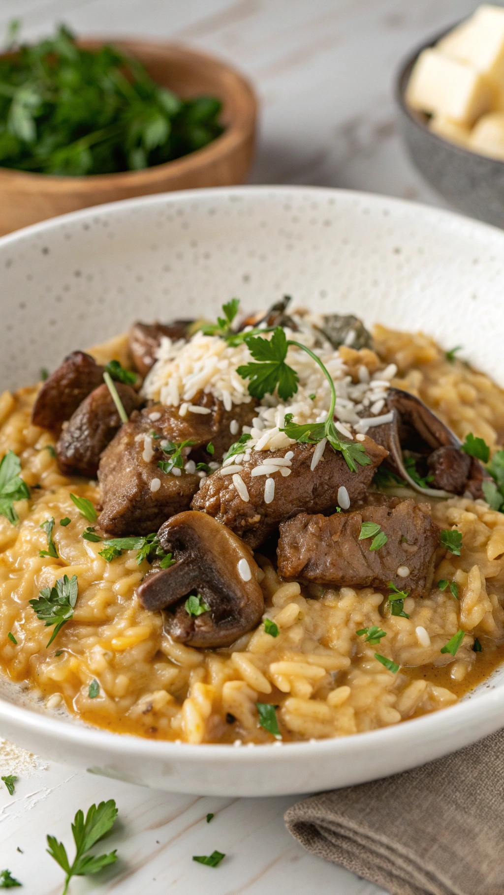 A bowl of beef and mushroom risotto topped with parsley and cheese.