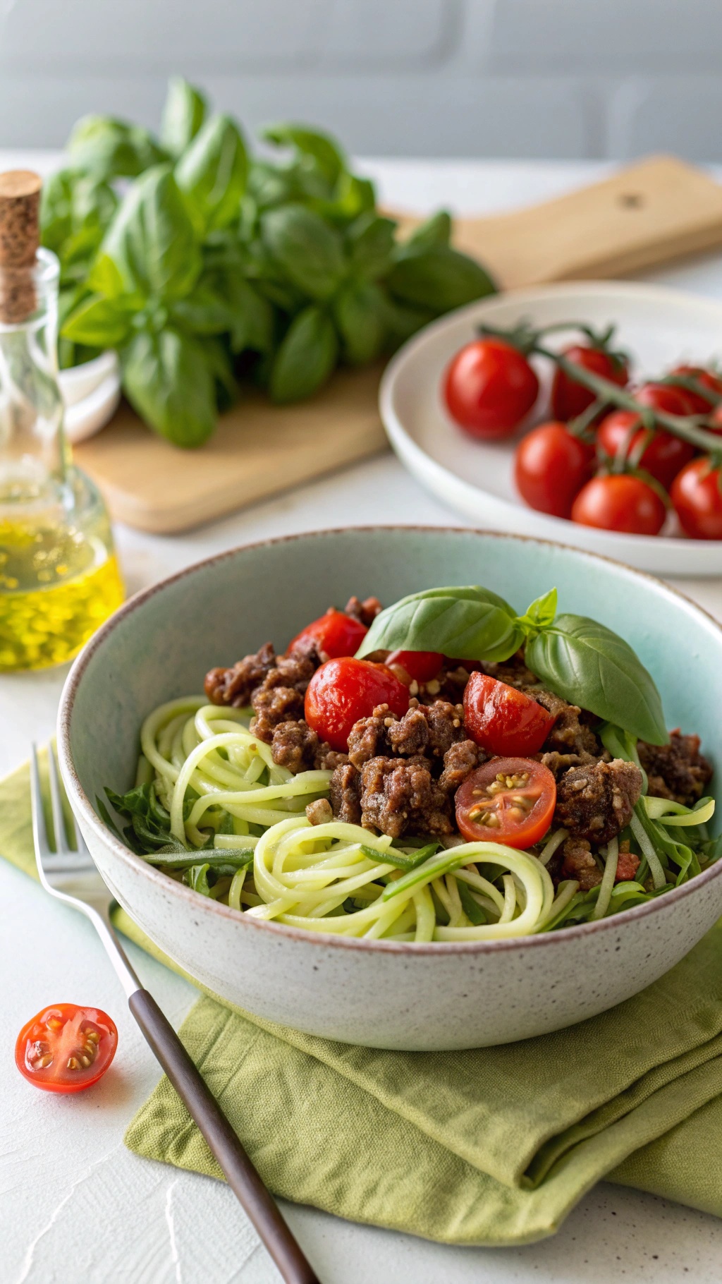 A bowl of zucchini noodles topped with ground beef and cherry tomatoes, garnished with basil.