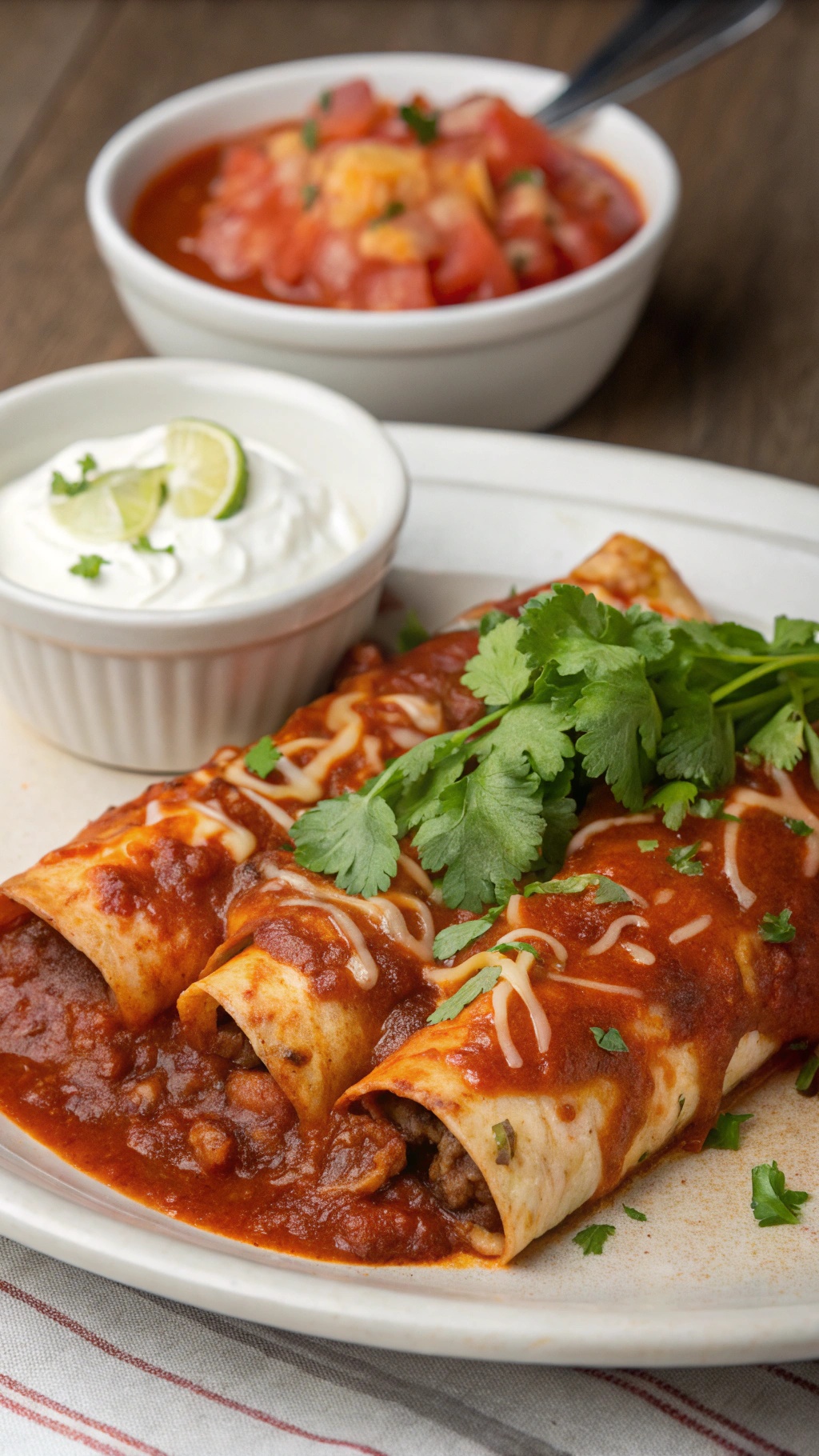 A plate of beef enchiladas topped with red sauce and cilantro, served with sour cream and salsa.