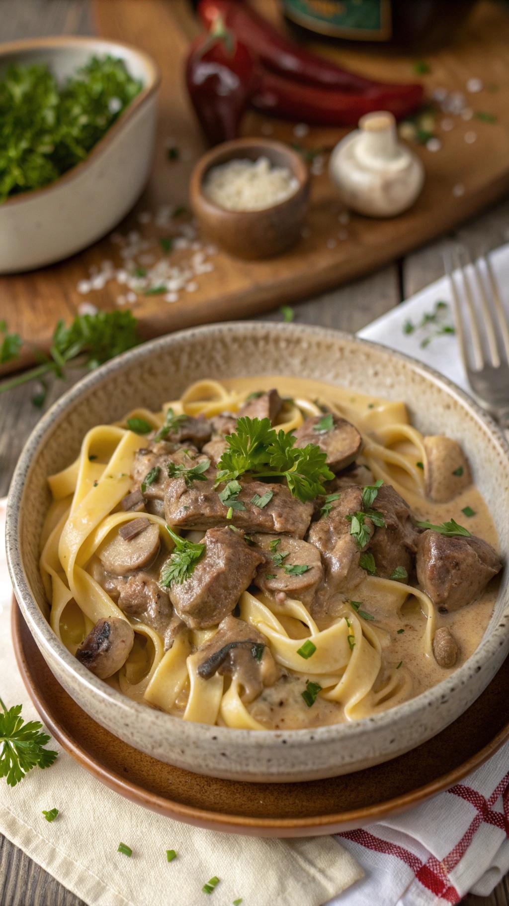 A bowl of beef stroganoff with egg noodles, topped with parsley and mushrooms, set on a wooden table.