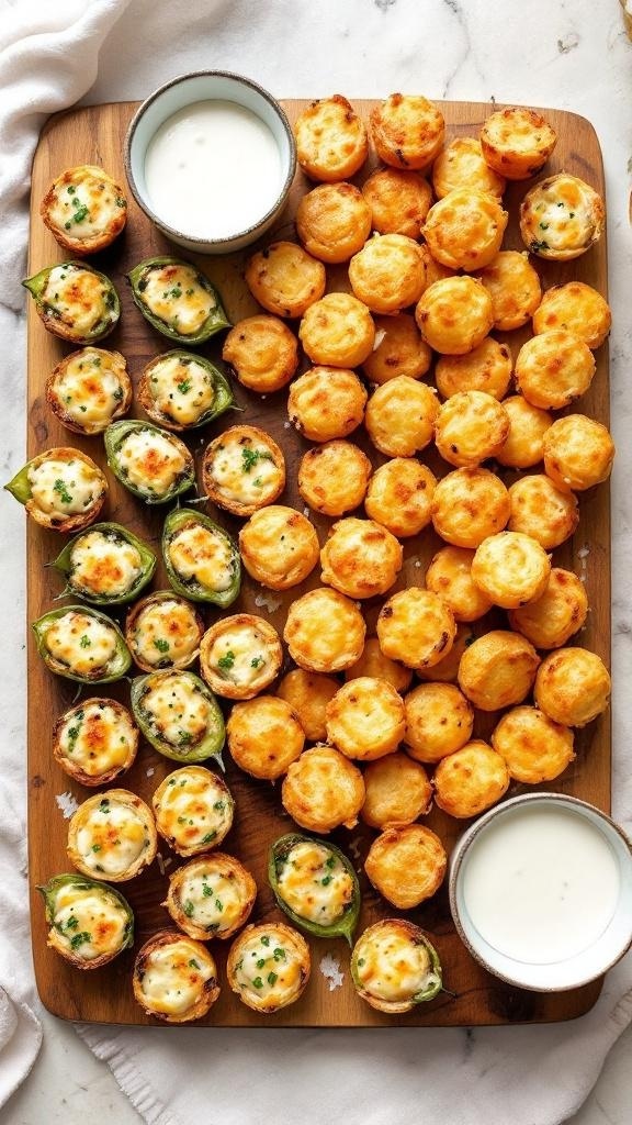A wooden platter filled with cheesy bites and stuffed jalapeños, served with ranch dressing.