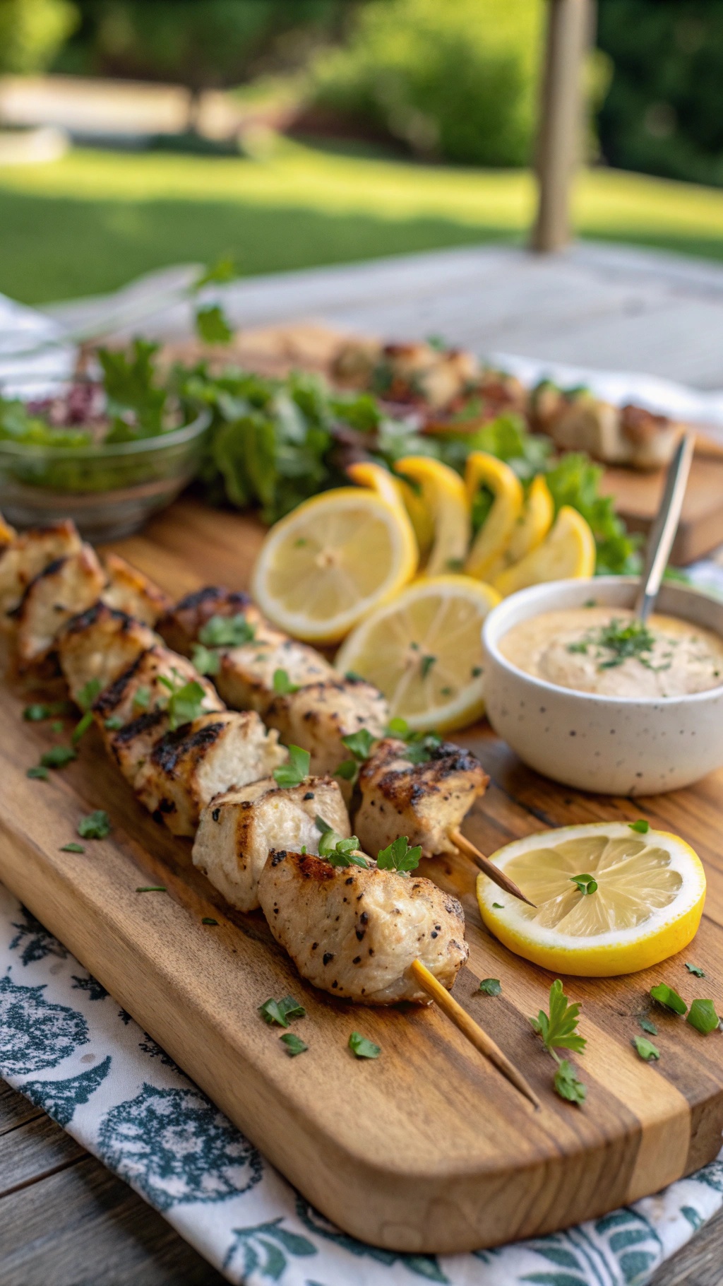 Grilled chicken skewers with lemon and garlic, served with fresh herbs and lemon wedges.