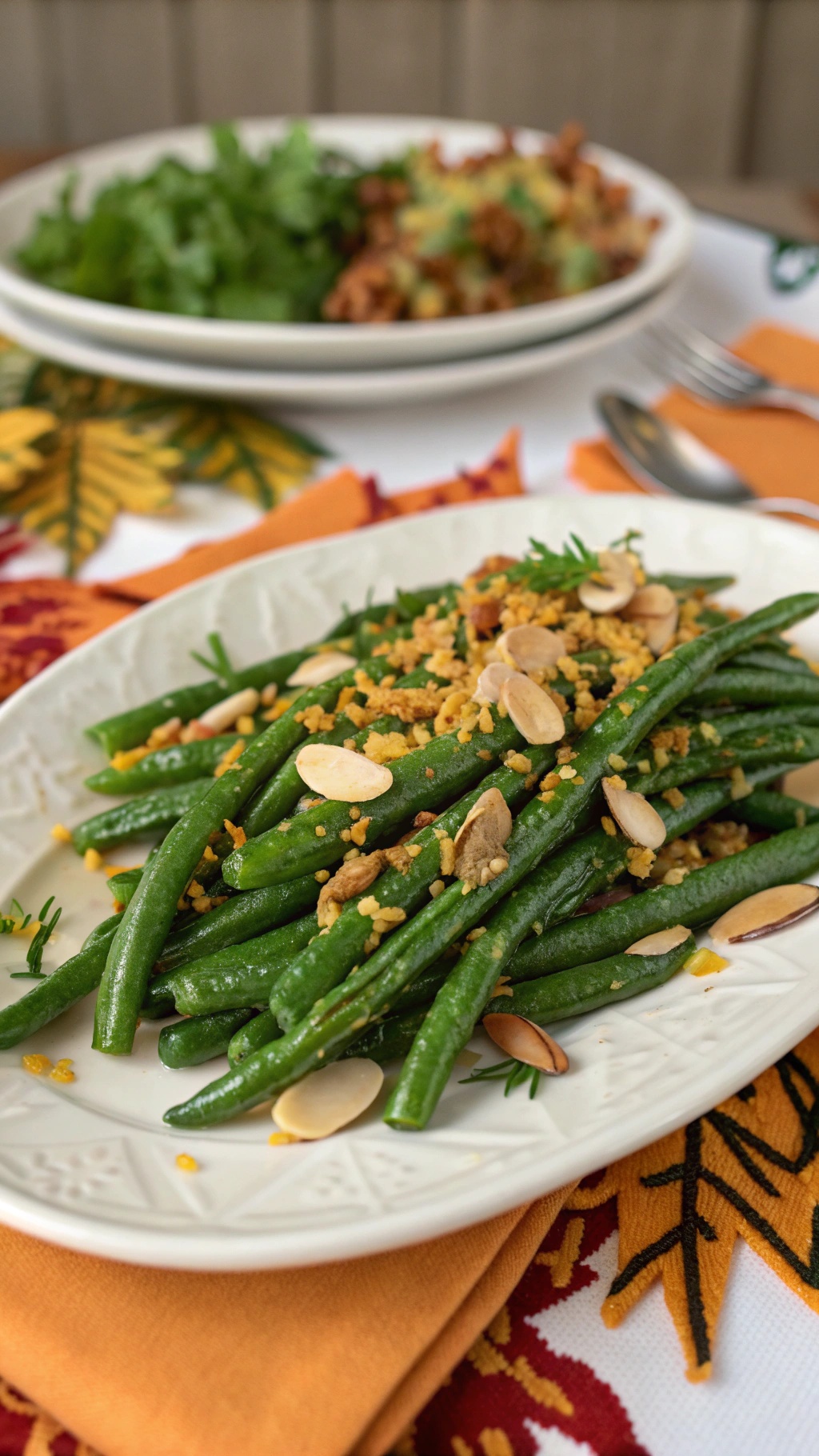 A plate of green bean almondine garnished with sliced almonds and breadcrumbs, served on a festive table.
