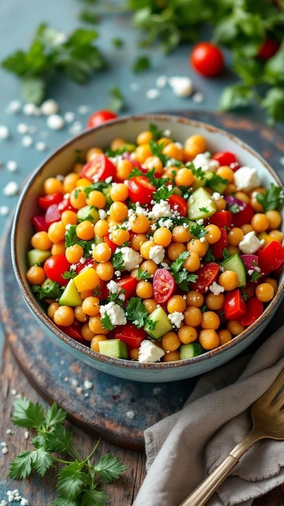 A colorful Mediterranean chickpea salad with cherry tomatoes, cucumbers, bell peppers, and feta cheese.