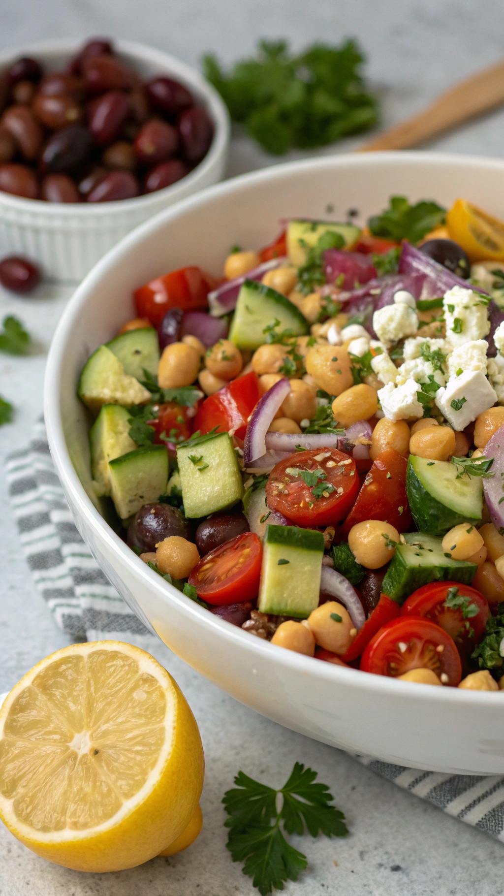 A colorful Mediterranean chickpea salad with tomatoes, cucumbers, red onions, olives, and feta cheese, served in a bowl with a lemon on the side.