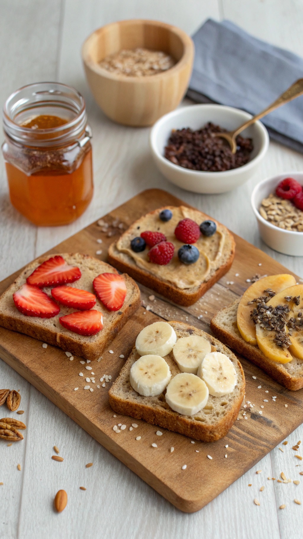 Four slices of toast topped with various fruits and nut butter on a wooden board.