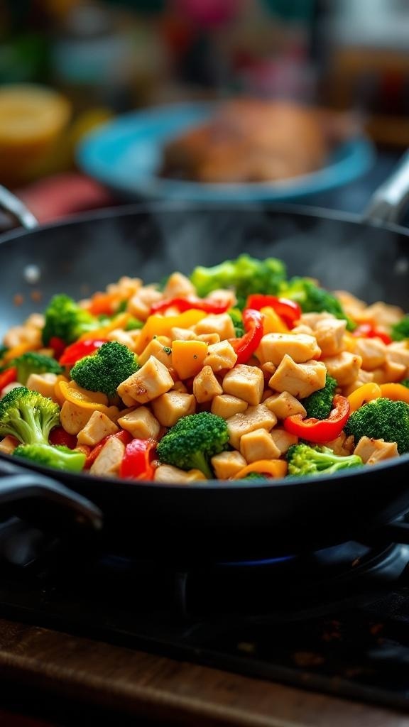 A colorful stir-fry with rotisserie chicken, broccoli, and bell peppers in a skillet.