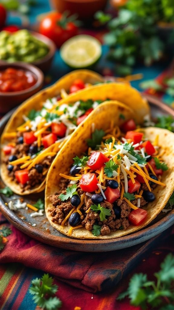 A plate of beef and bean tacos topped with cheese, tomatoes, and cilantro, surrounded by fresh ingredients.