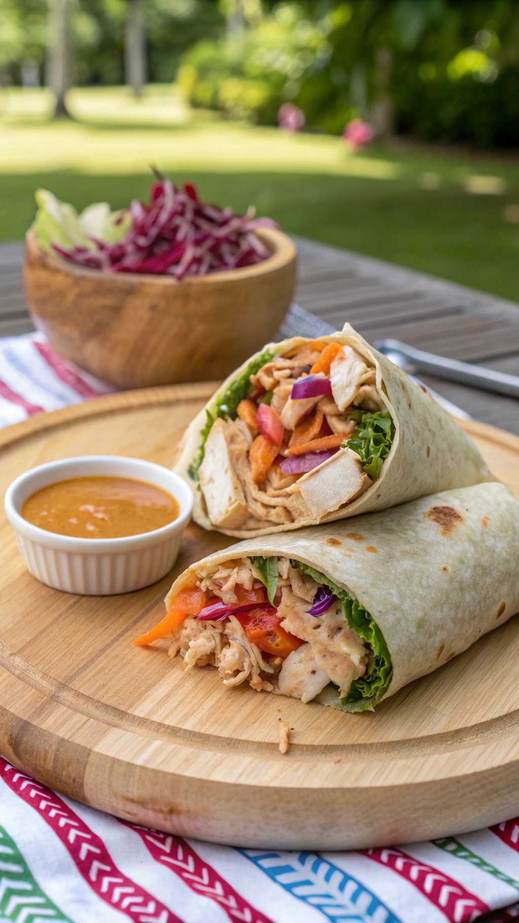 Quick Thai Peanut Chicken Wraps with peanut sauce and fresh veggies