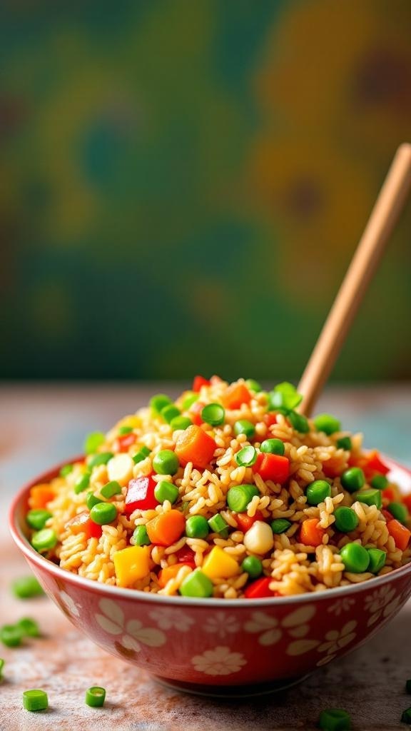 A bowl of colorful vegetable fried rice with green peas, bell peppers, and corn.