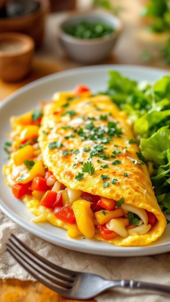 A delicious veggie omelette served with a side salad, showcasing colorful vegetables.