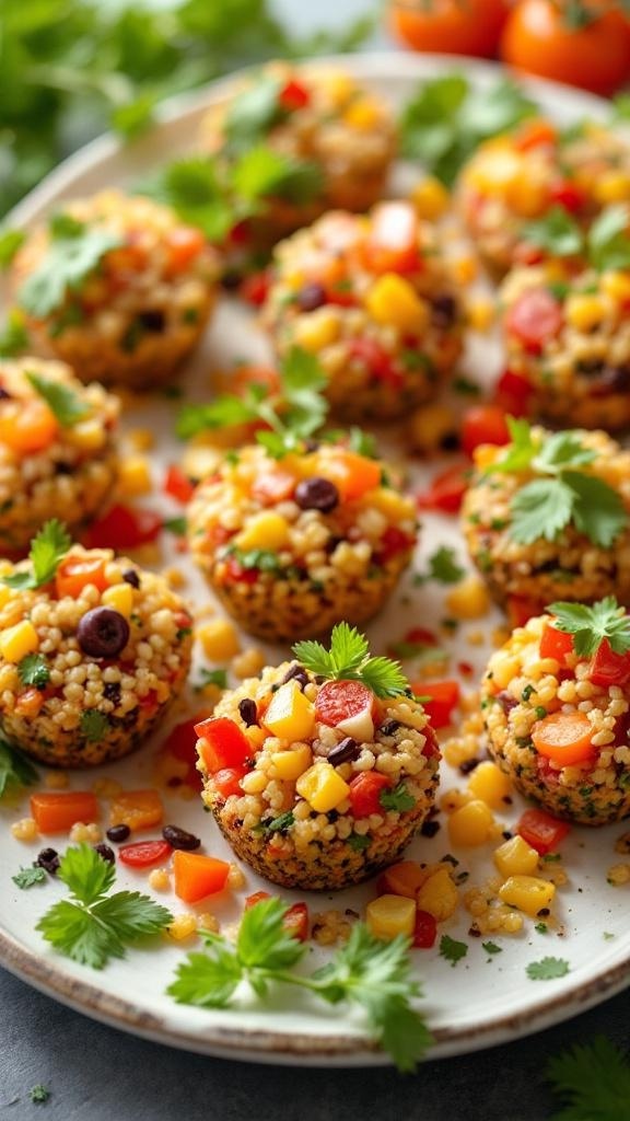 A plate of colorful quinoa salad bites topped with fresh herbs