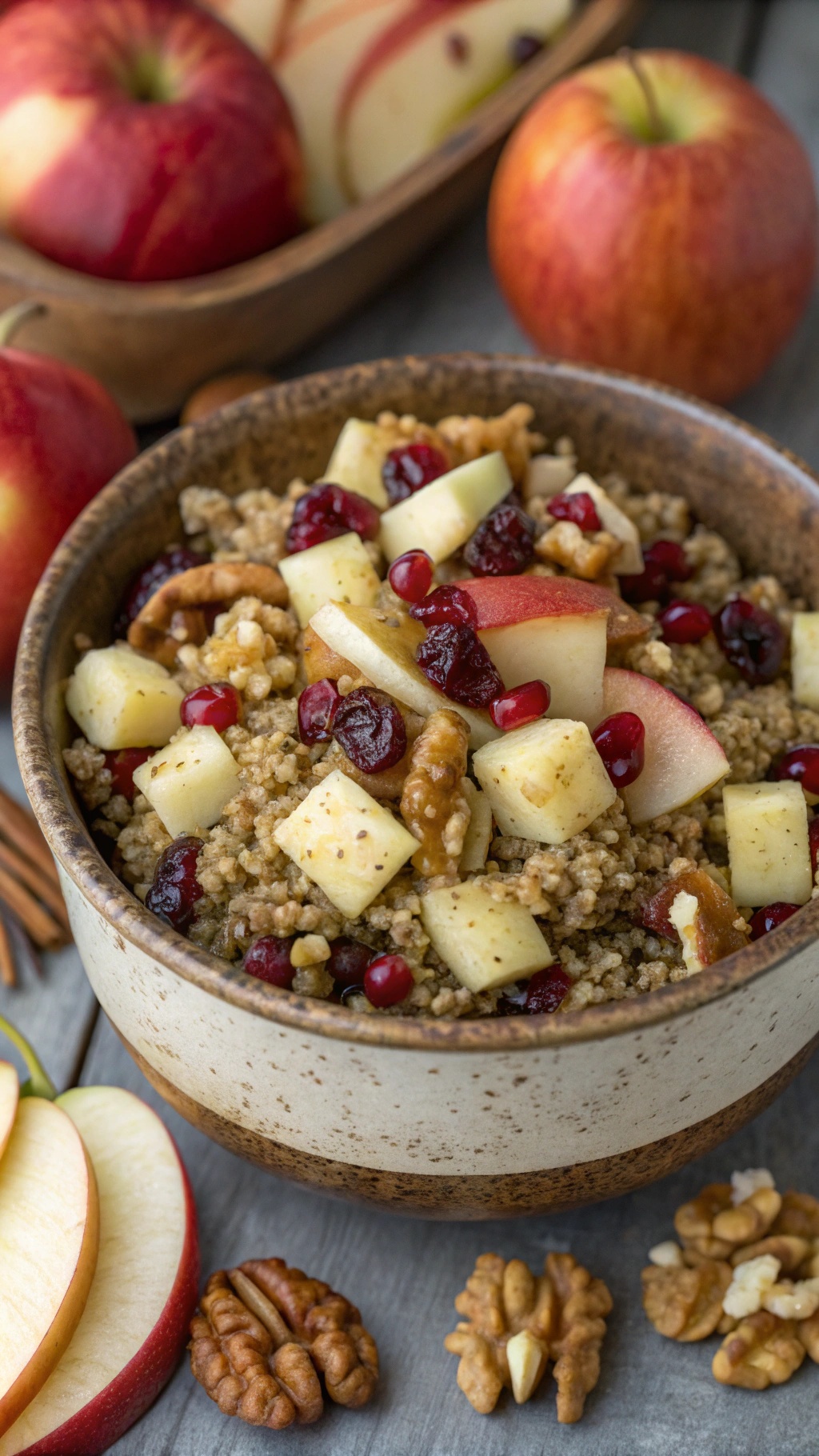 A bowl of quinoa salad with apples, walnuts, and cranberries, surrounded by fresh apples and walnuts.