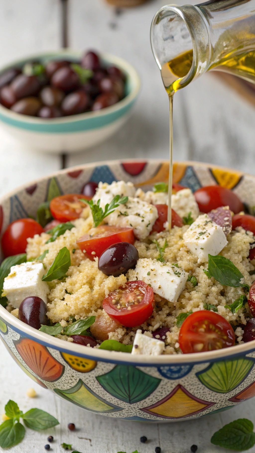 A colorful quinoa salad with feta cheese, olives, and cherry tomatoes being drizzled with olive oil.