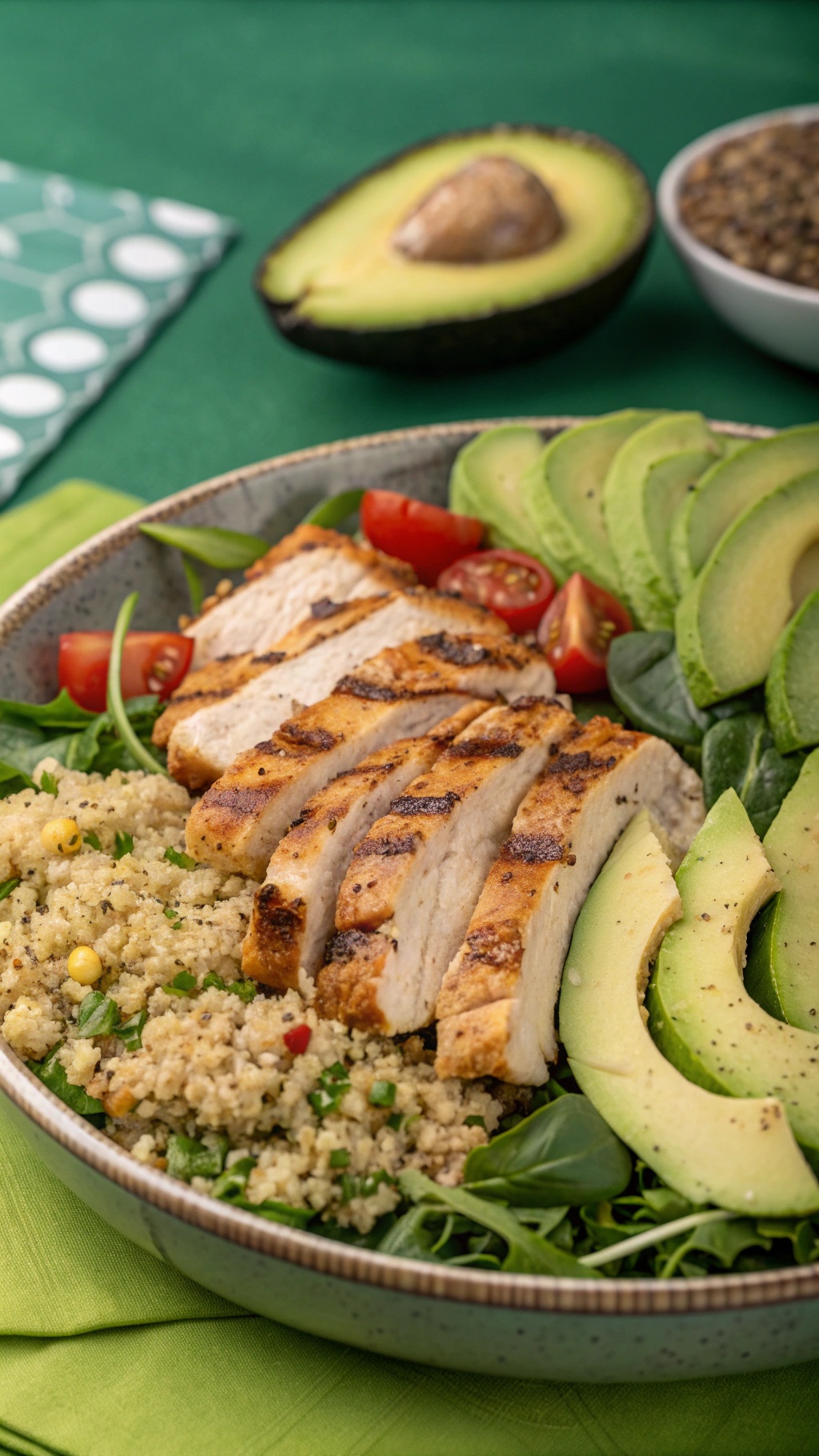 A colorful quinoa salad with grilled chicken, avocado, and cherry tomatoes.