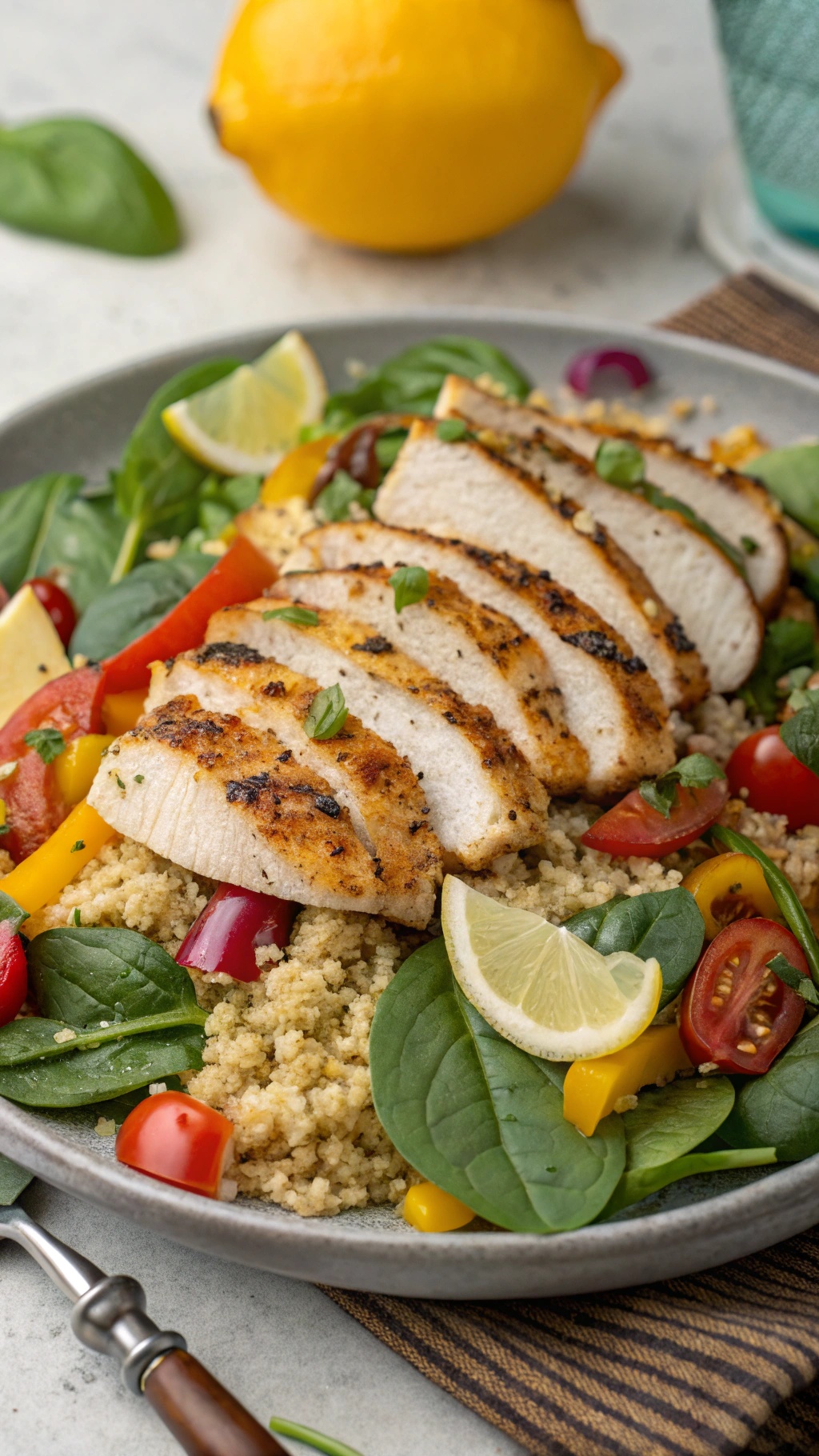 A colorful quinoa salad with grilled chicken, spinach, cherry tomatoes, and bell peppers, garnished with lemon slices.