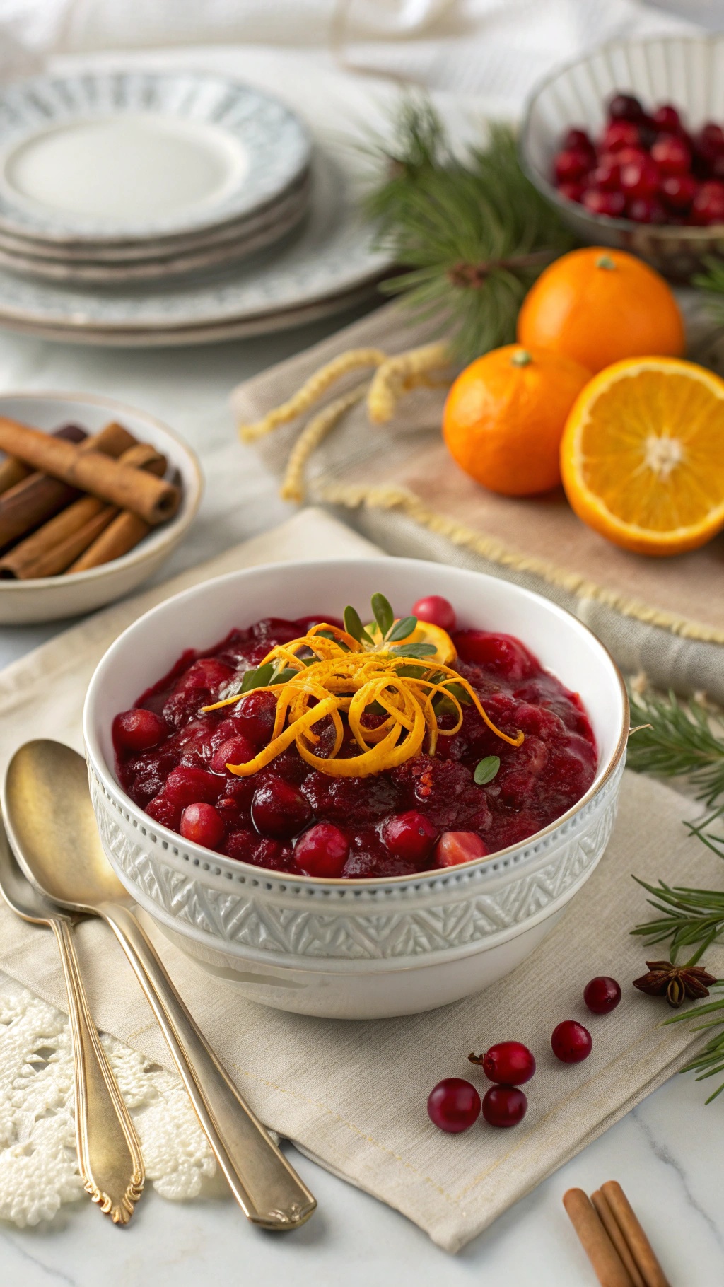 A bowl of vibrant cranberry sauce garnished with orange zest, surrounded by fresh cranberries and oranges.