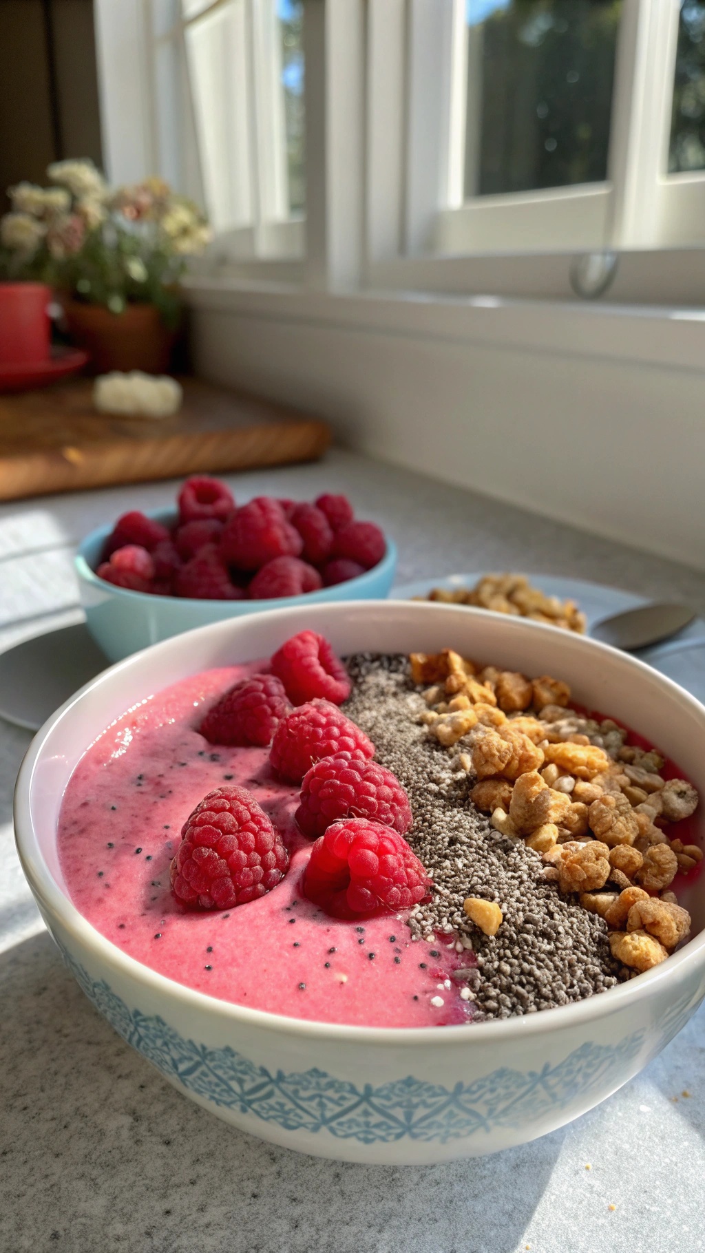 A colorful raspberry smoothie bowl topped with fresh raspberries, chia seeds, and granola.