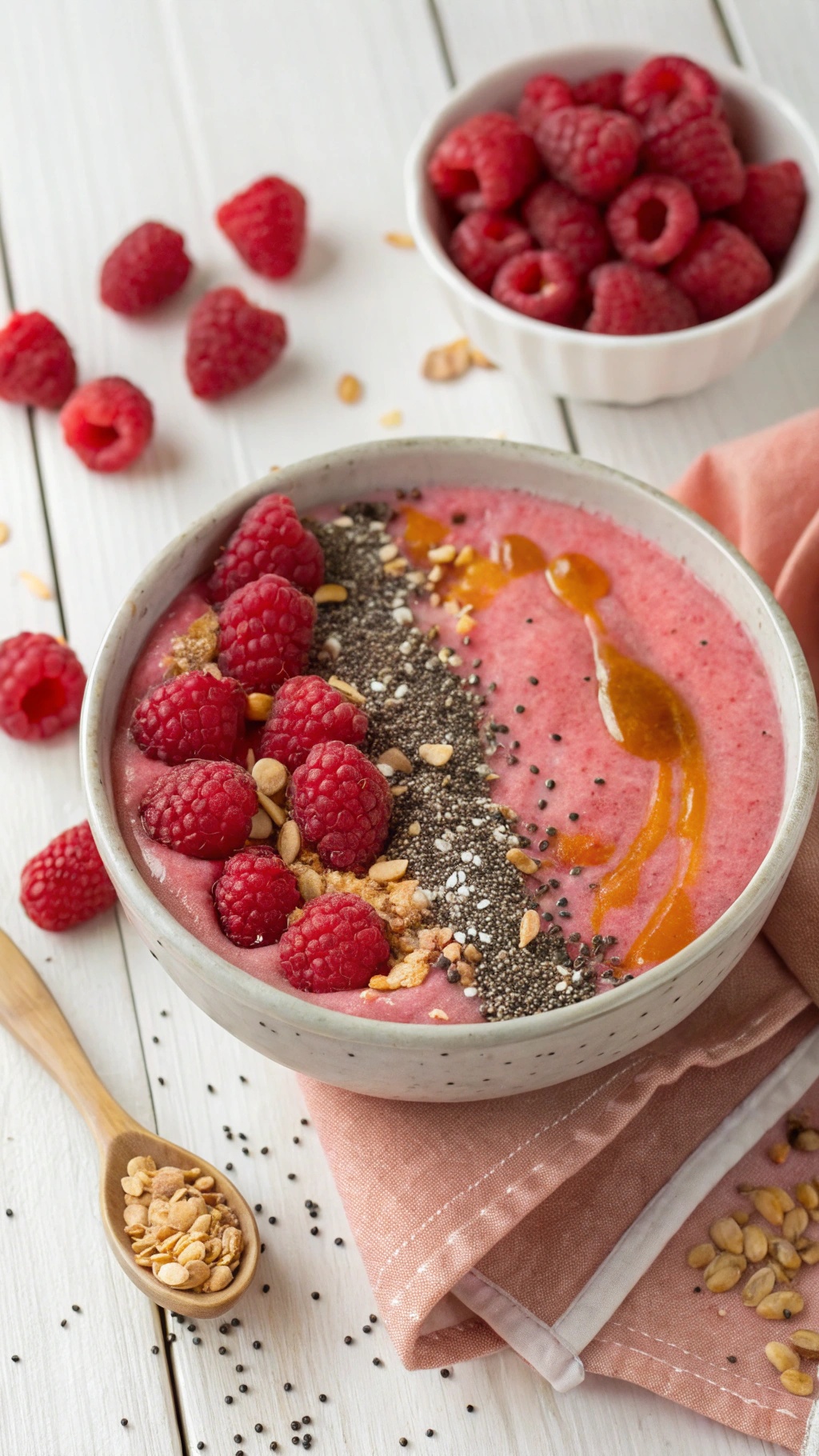 A vibrant raspberry chia smoothie bowl topped with fresh raspberries, chia seeds, and granola.