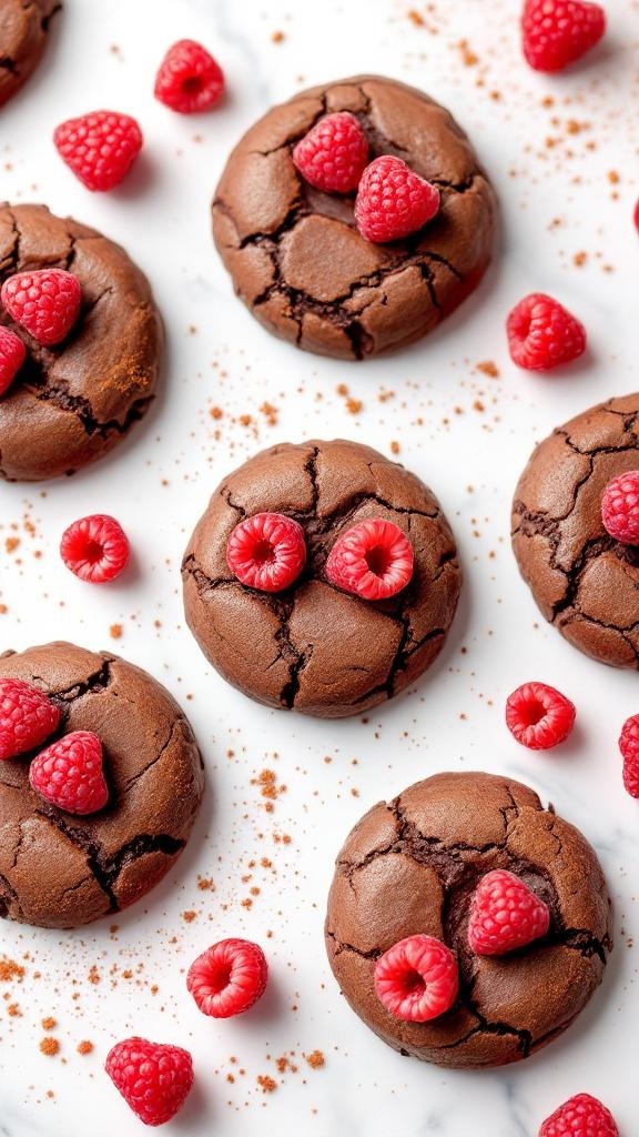 Delicious raspberry chocolate no bake cookies arranged on a white surface.